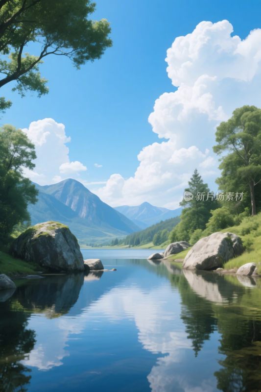 山水湖景风景插画