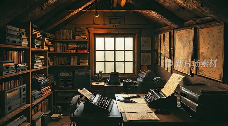 古旧书房书架、打字机与地图