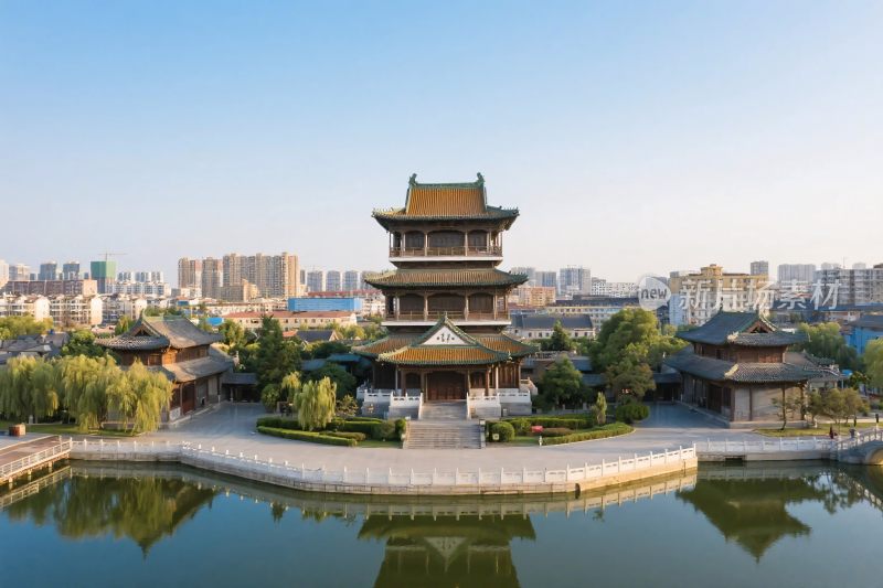 古建塔楼与水景景观