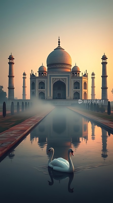 泰姬陵晨曦映照下的天鹅湖畔美景