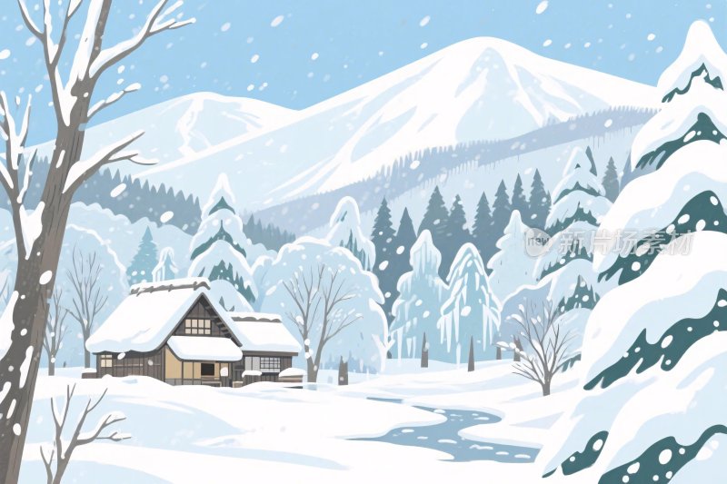 冬季乡村雪景插画