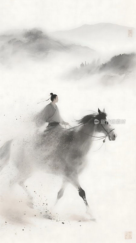 风驰电掣骏马奔腾水墨画中展现速度与激情