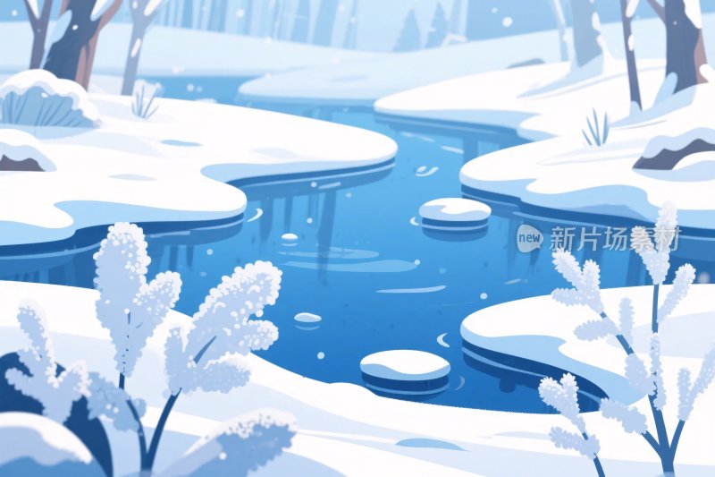 冬季雪景河流插画