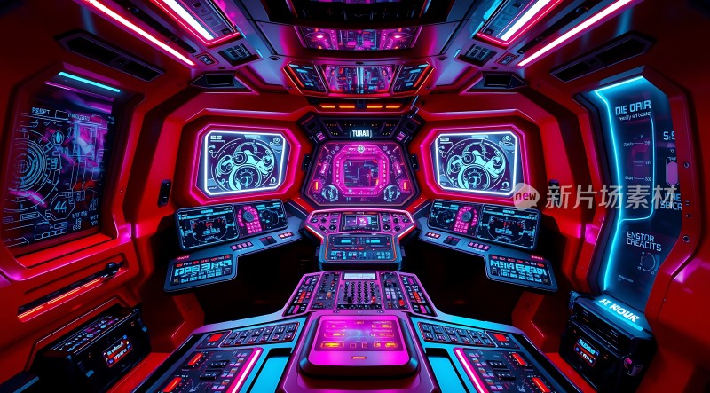 未来科技驾驶舱红蓝灯光下的控制台