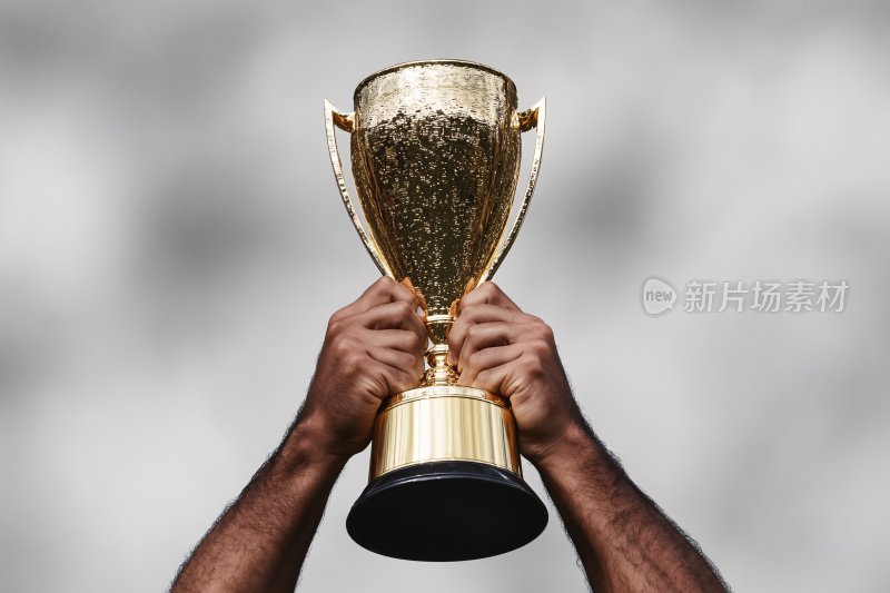 双手高举金色奖杯画面