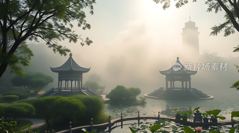 湖畔凉亭雾中隐现绿树环绕荷花点缀