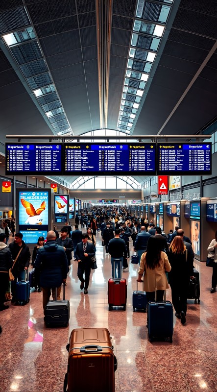 机场候机大厅旅客拖着行李箱排队等待登机