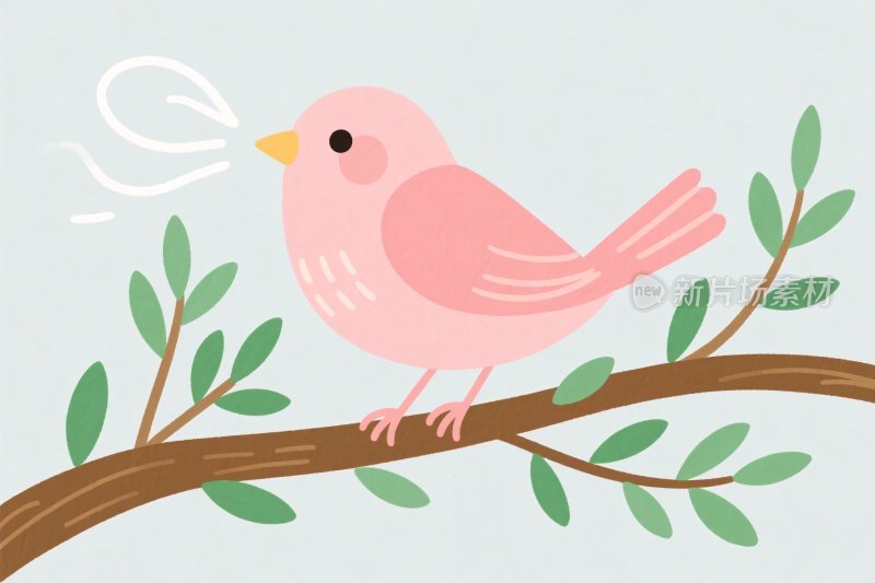 粉色小鸟栖于树枝插画
