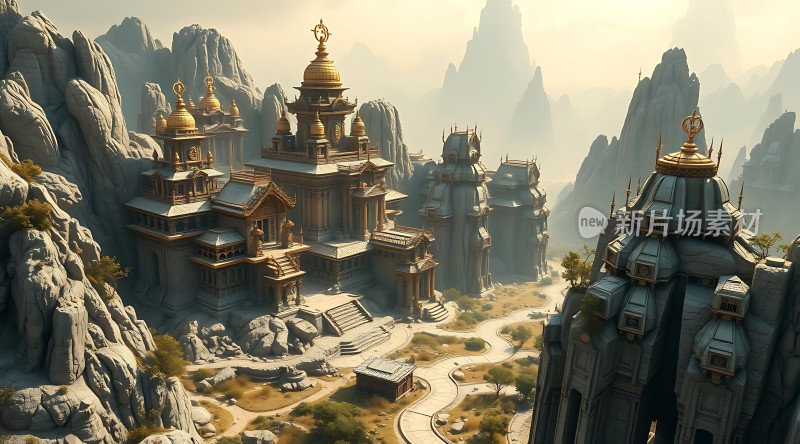 金色寺庙与山峦相映成趣