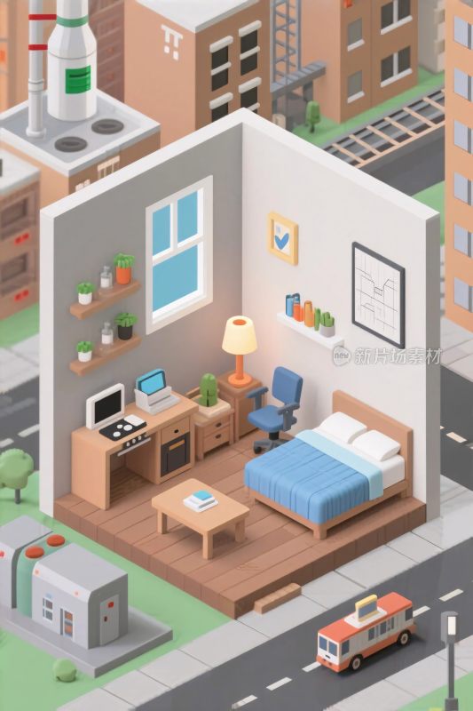 等距风格房屋室内插画