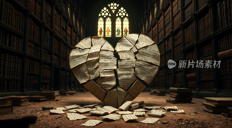 破碎的心形书页在图书馆中