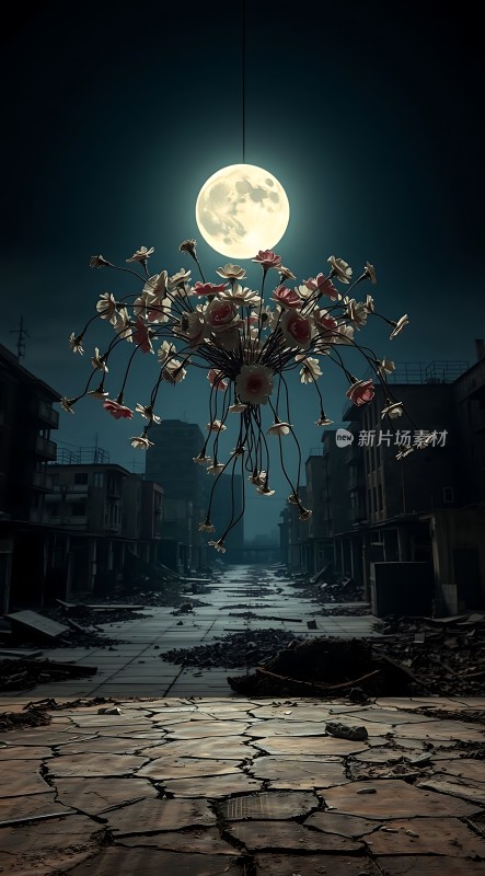废弃街道上的神秘花束与明月