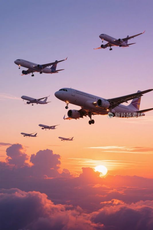 飞机群飞日落图