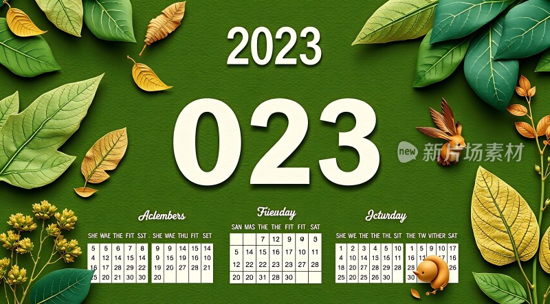 2023年2月3日绿色背景上的叶子和小鸟