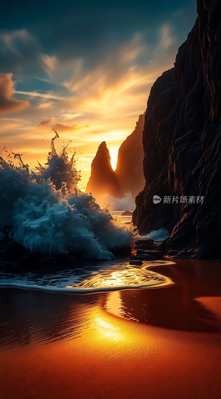 日落时分的海浪与岩石