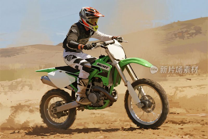 越野摩托车手驰骋沙地