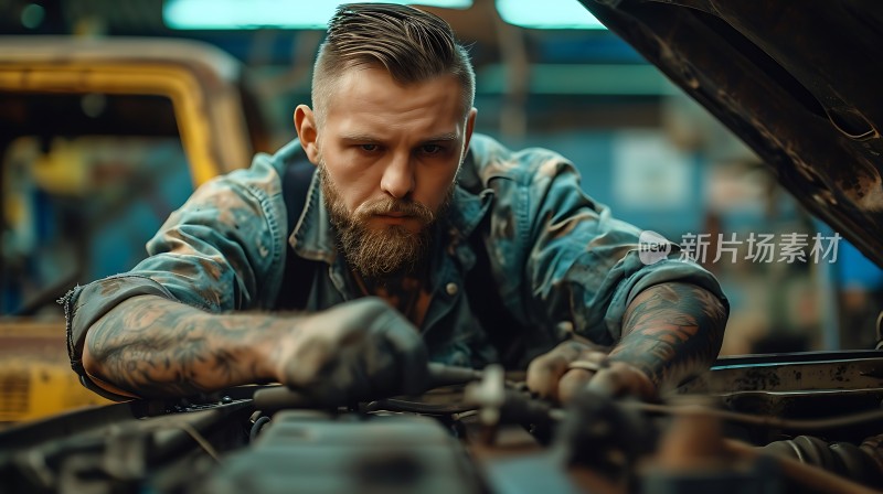 机械师专注检修汽车引擎