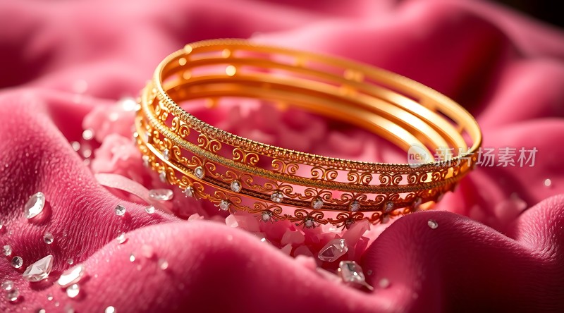 金手镯闪耀在粉色布料上