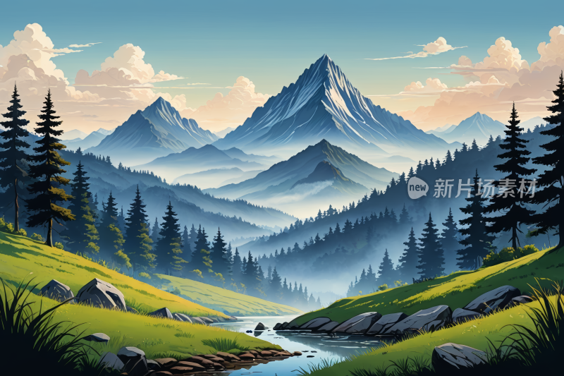 山和树在河流的前景中高清风景插画图片