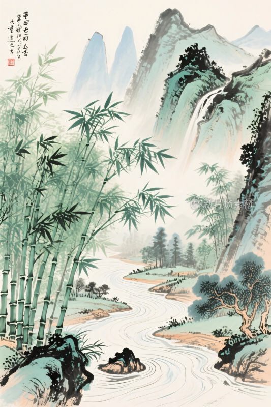 传统山水水墨画卷