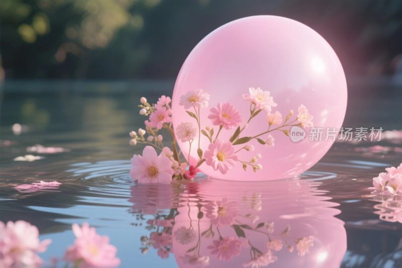 粉色气球与水面鲜花