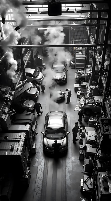 车间内蒸汽弥漫工人们忙碌于汽车维修工作