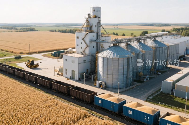 农田旁的大型粮食仓储设施