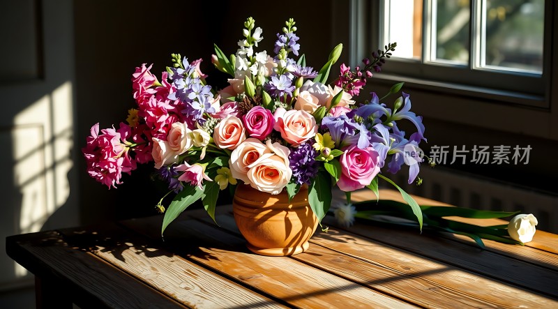 阳光下的彩色花艺展示