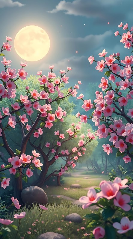 春夜月下樱花林