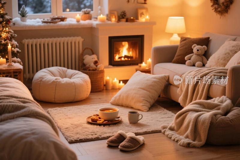 温馨圣诞室内场景插画