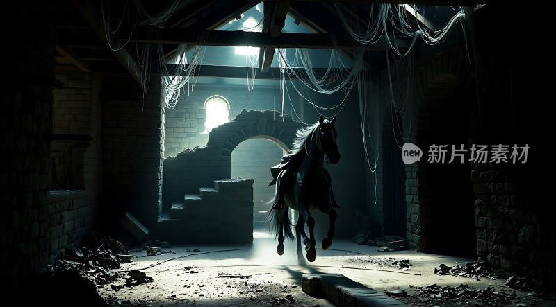 马在废弃建筑中奔跑
