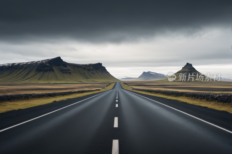 道路山脉和阴云密布的天空风光风景图片