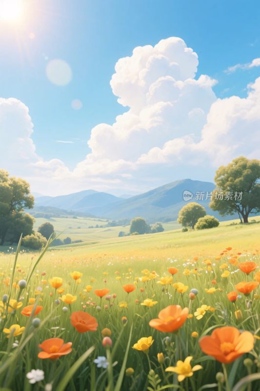 阳光草地野花风景