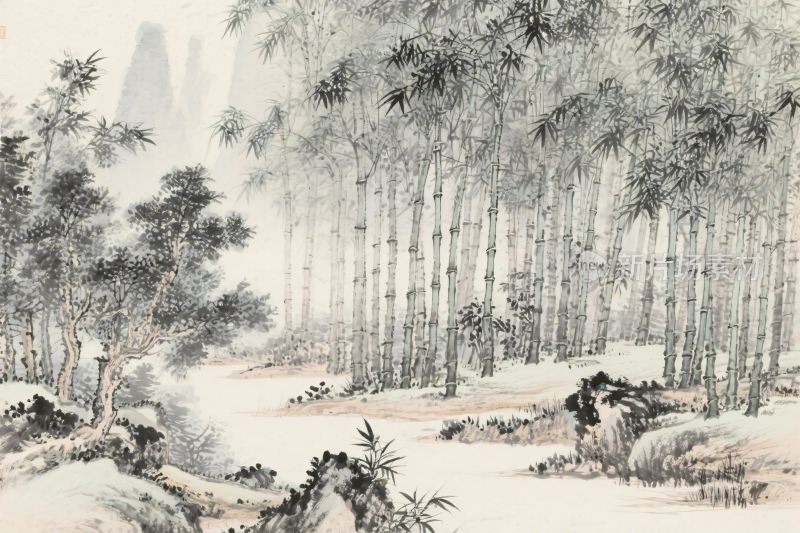 水墨竹林山水国画