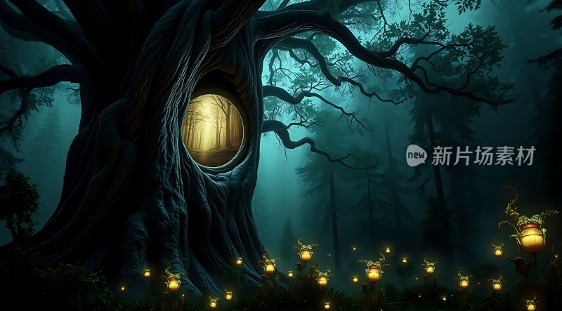 神秘森林中的树洞与萤火虫
