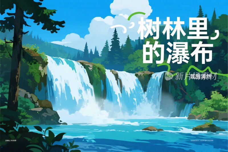 树林里的瀑布插画