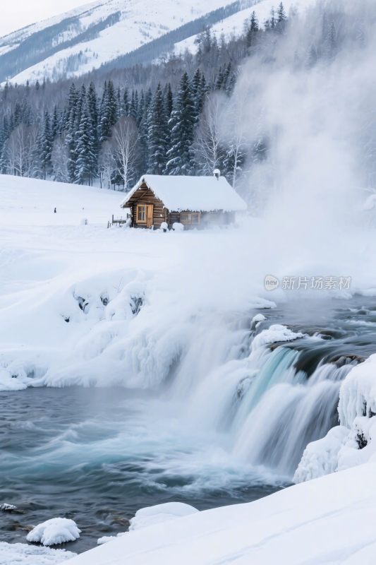 雪山木屋雪景图
