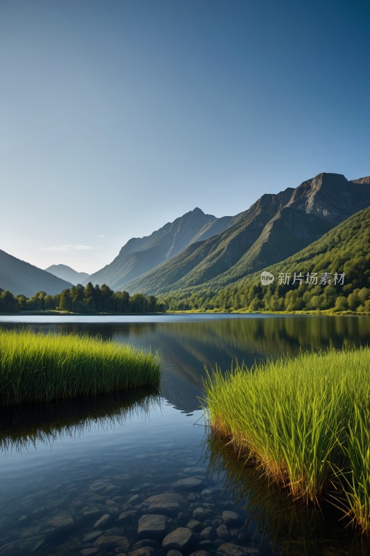 草地水和山脉高清图片