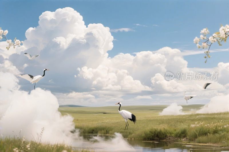 草原飞鹤风景插画