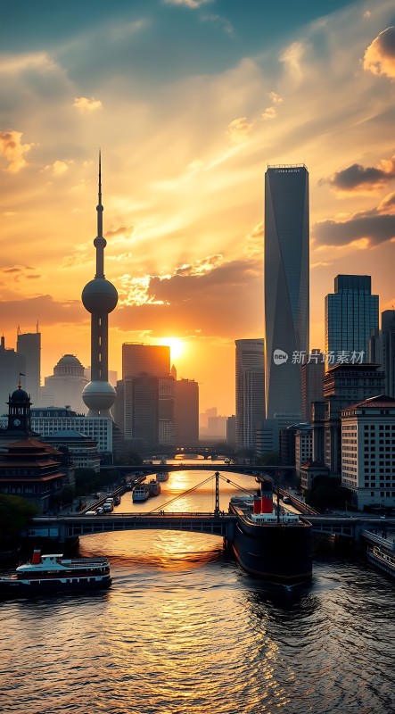 上海日落时分的黄浦江畔美景