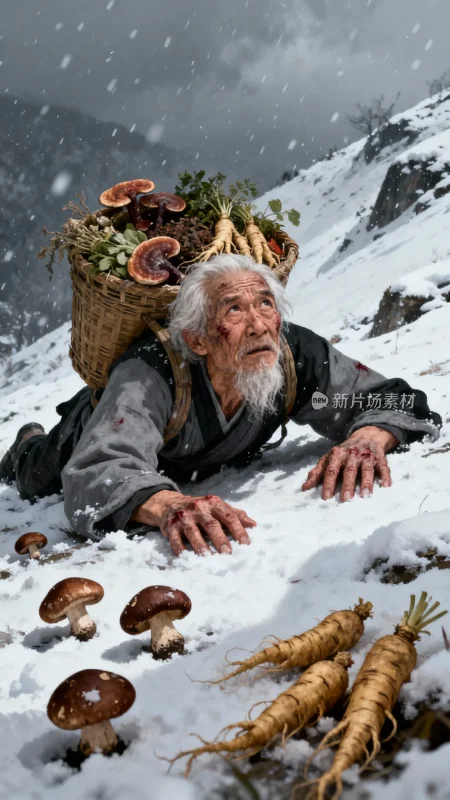 雪地里的老人与丰收的蔬菜