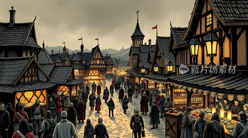 中世纪小镇夜市繁华景象