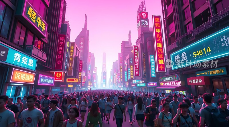 霓虹灯下的繁华都市人潮涌动的街头景象