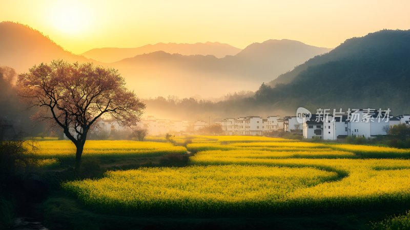 油菜花海中的古村落 油菜花