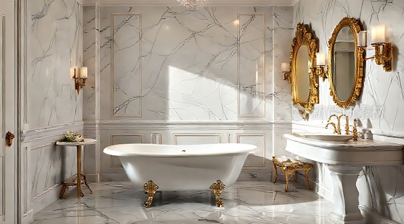 大理石浴室金色装饰白色浴缸奢华洗手台