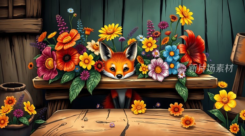 花丛中探出头的小狐狸