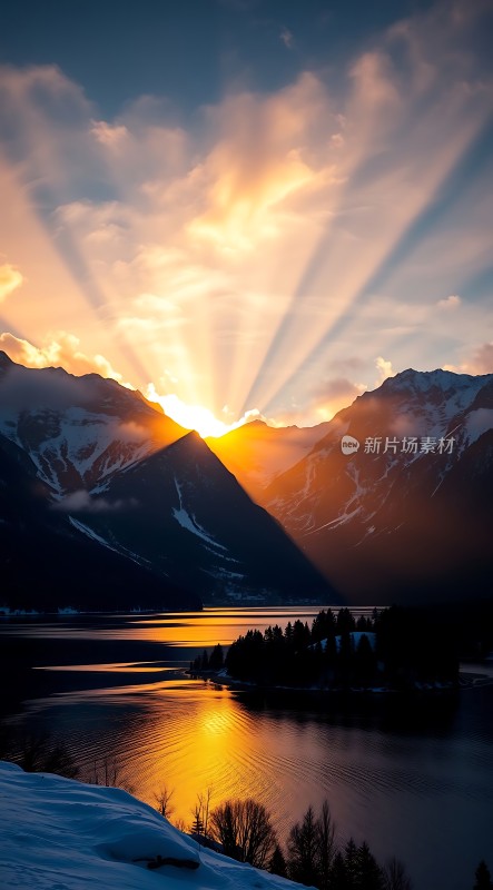 晨曦映照雪山湖泊