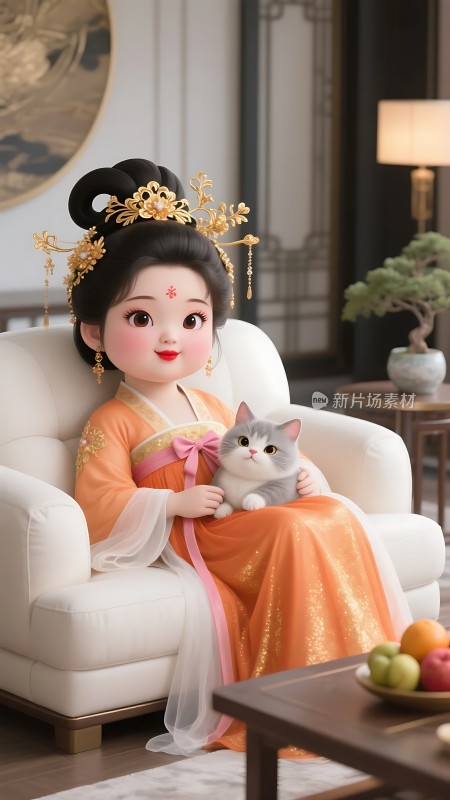 古装少女与猫咪温馨互动