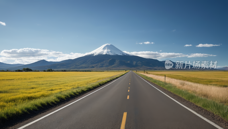 道路一座山一片草地高清图片