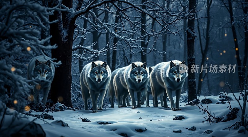 雪夜狼群森林中的神秘之旅